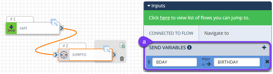 On the left is a sample flow with the Jump To action highlighted, and on the right is the Inputs section of the Configurations Panel for the Jump To action with the Send Variables field highlighted